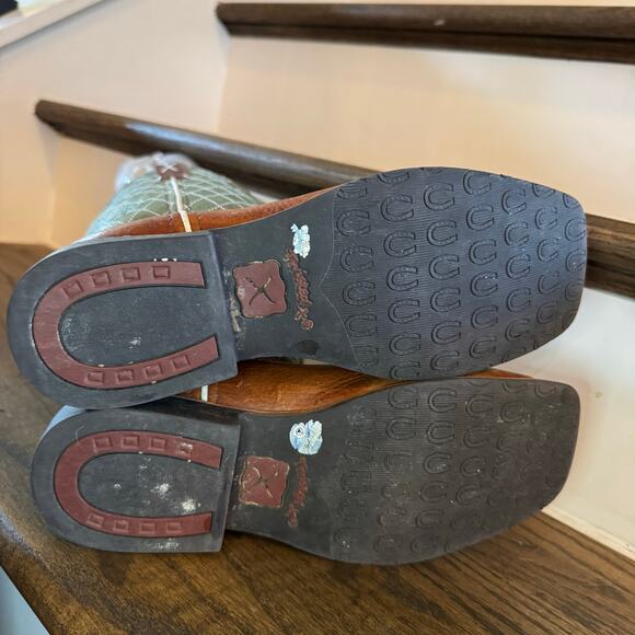 Twisted X Youth Square Toe Cowboy Boots Brown Green Leather Cross YBK0005 4.5M - Picture 8 of 8